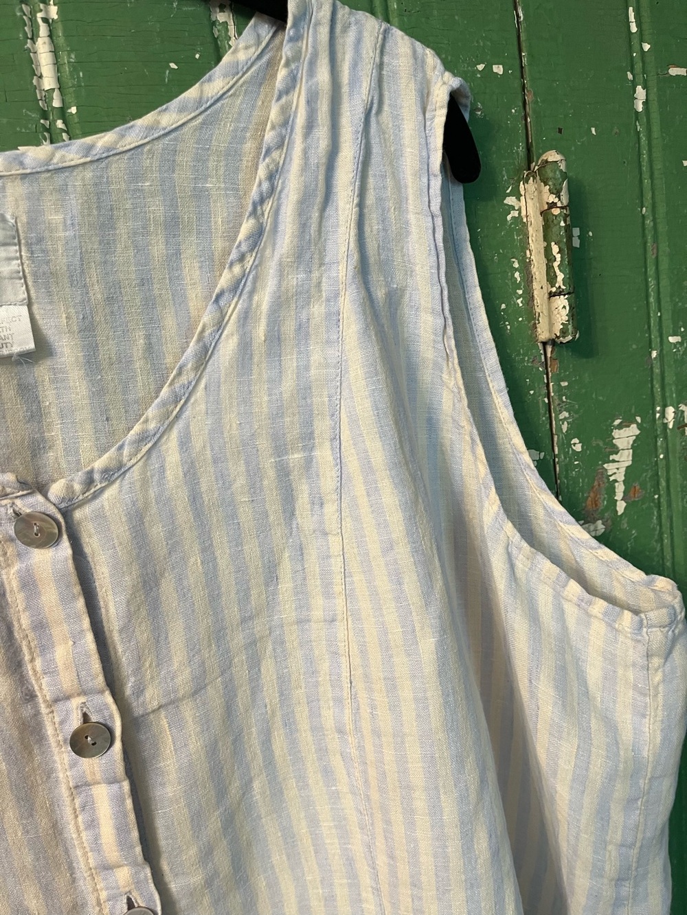 Flax Linen  Top 1G Light Blue & White Striped Sleeveless Buttons